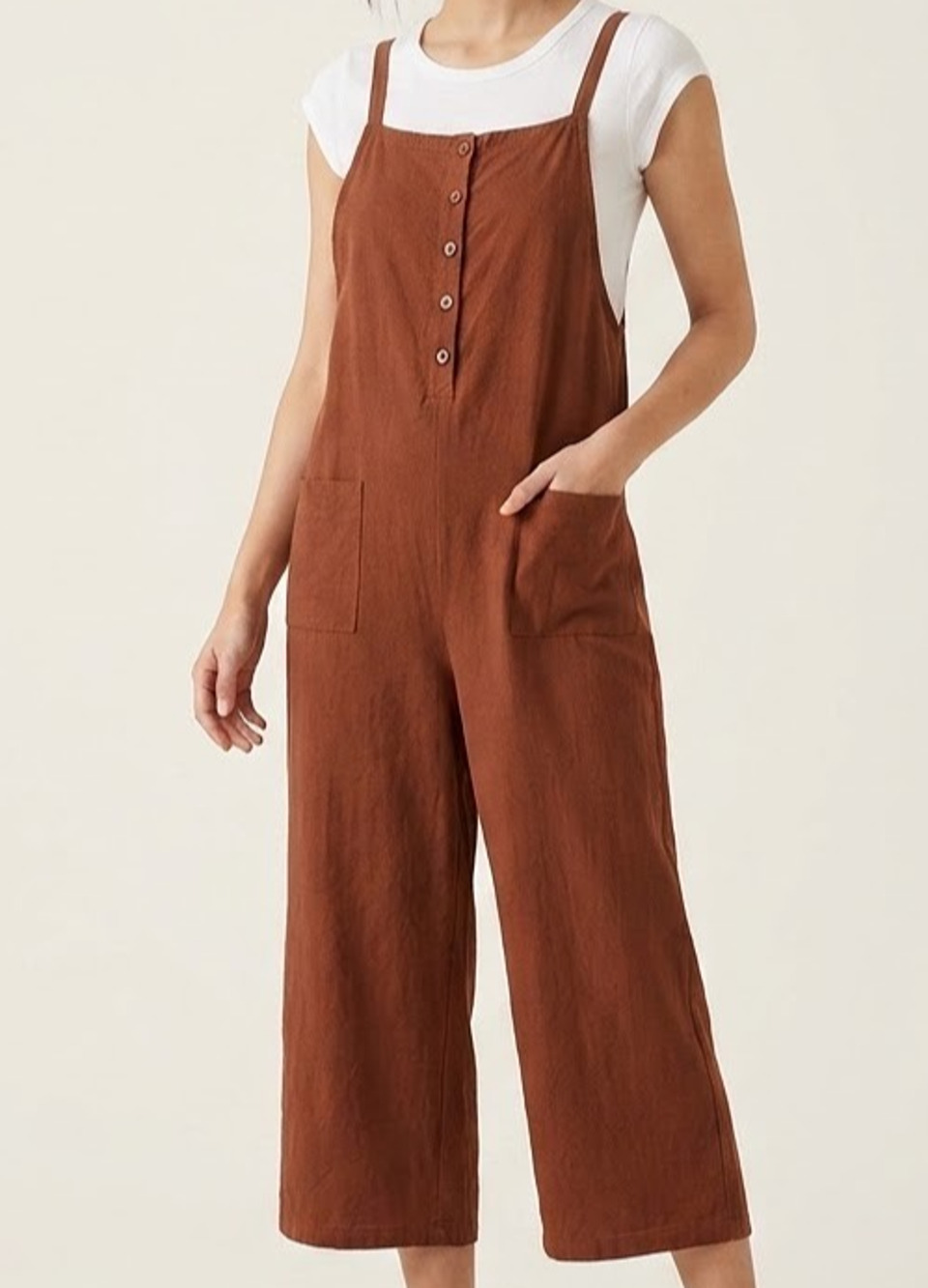 Aedvoouer Women M Overall Rust Brown Linen Cotton Cropped Wide Leg Jumpsuit Boho